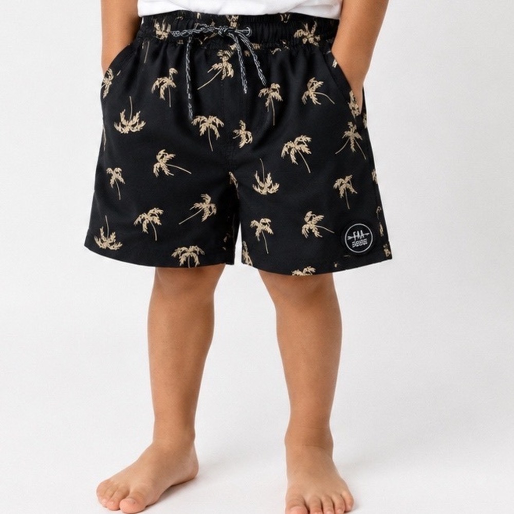 Feather 4 Arrow Boys Palm Tree Swim Trunks Black Tan Board Shorts Size 12
